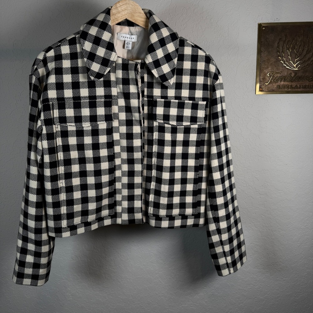 TOPSHOP Black White Buffalo Check Cropped Jacket Women Size 2‎